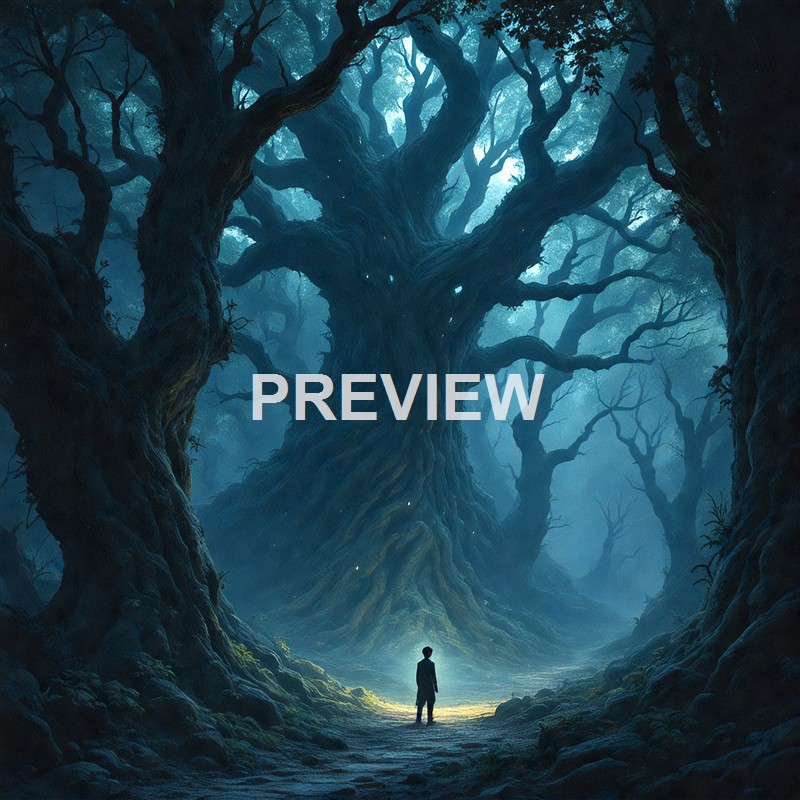 A person stands in a dark, mysterious forest with towering, twisted trees and a soft, glowing light illuminating the ground around them.